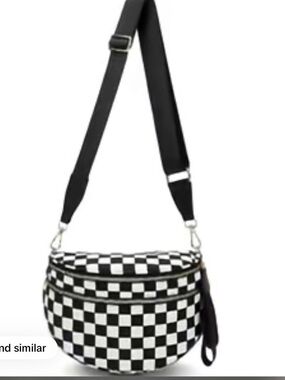 Checkerboard Crossbody Bag with Wide Strap - Black/White